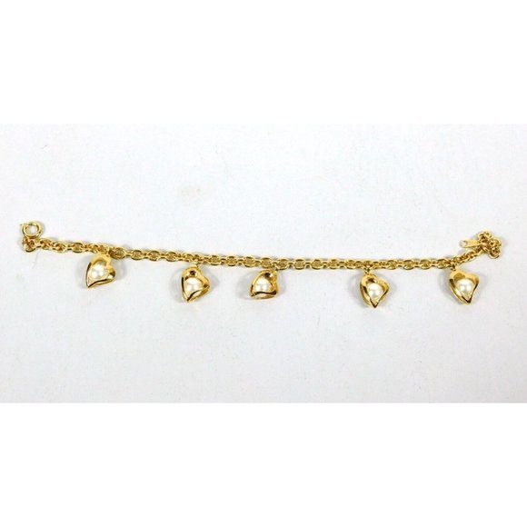 Vtg Faux Pearl Enclosed Hearts Gold Tone Bracelet 8 1/8" Long Spring Ring Clasp - Picture 5 of 9